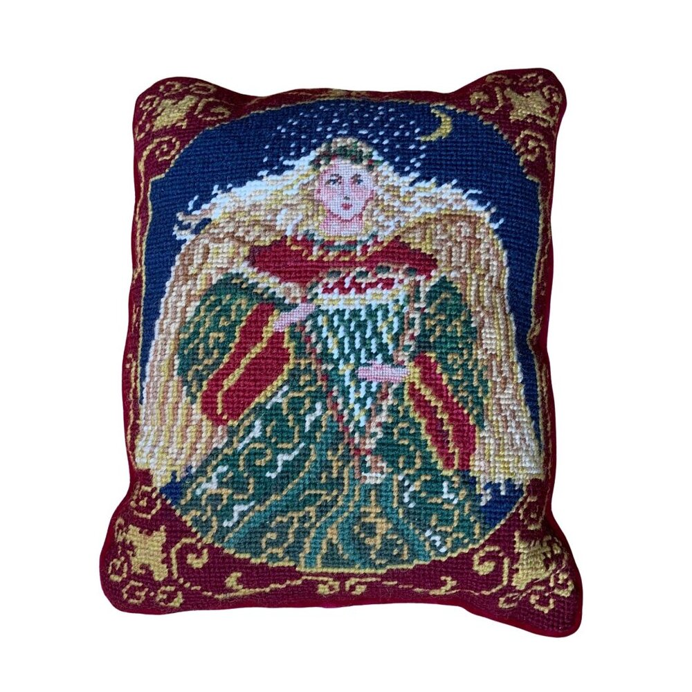 Vintage Handmade Christmas Angel Needlepoint Counted Cross Stitch Throw Pillow